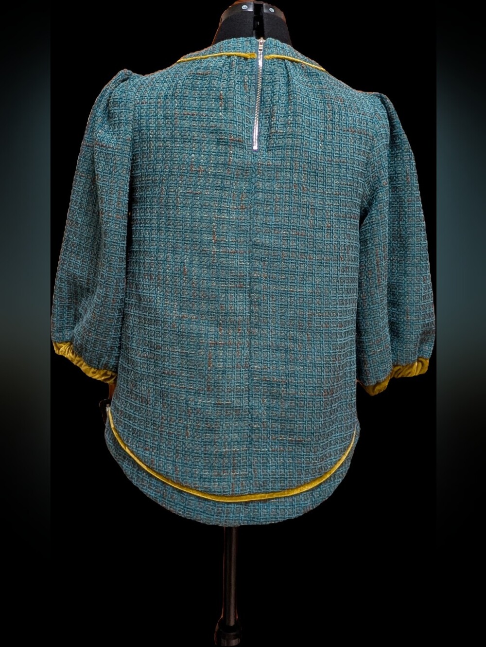Teal Bouclé Boxy Blouse with Yellow Piping - Picture 2 of 4